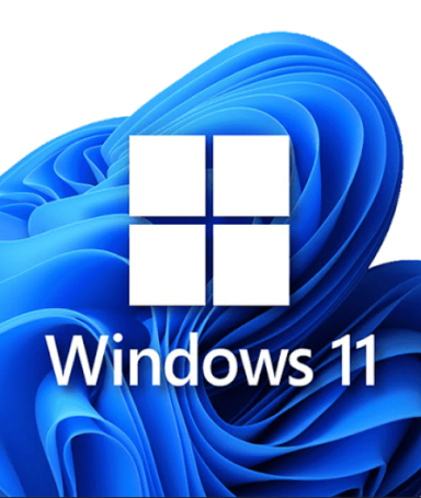 Logo von Windows 11 mit geschwungenem Hintergrund in Blau und einem vierteiligen Fenster-Symbol.